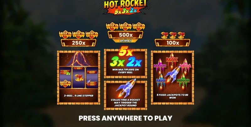 Hot Rocket 5x 3x 2x - galvenā izvēlne ar ruļļiem un sākuma pogu